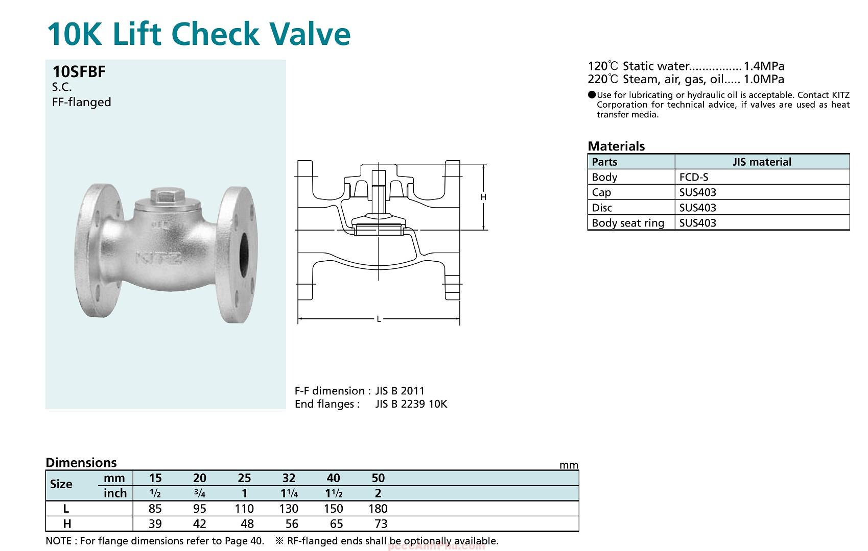 Van 1 chiều KITZ 10SFBF datasheet