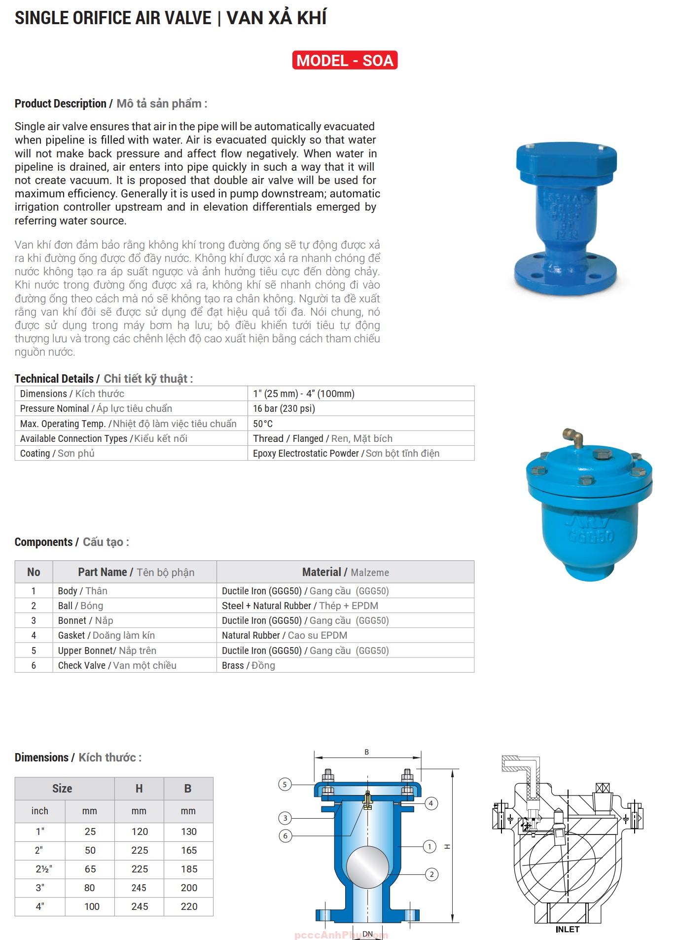 datasheet van xả khí đơn ARV SOA DN25 Việt Nam