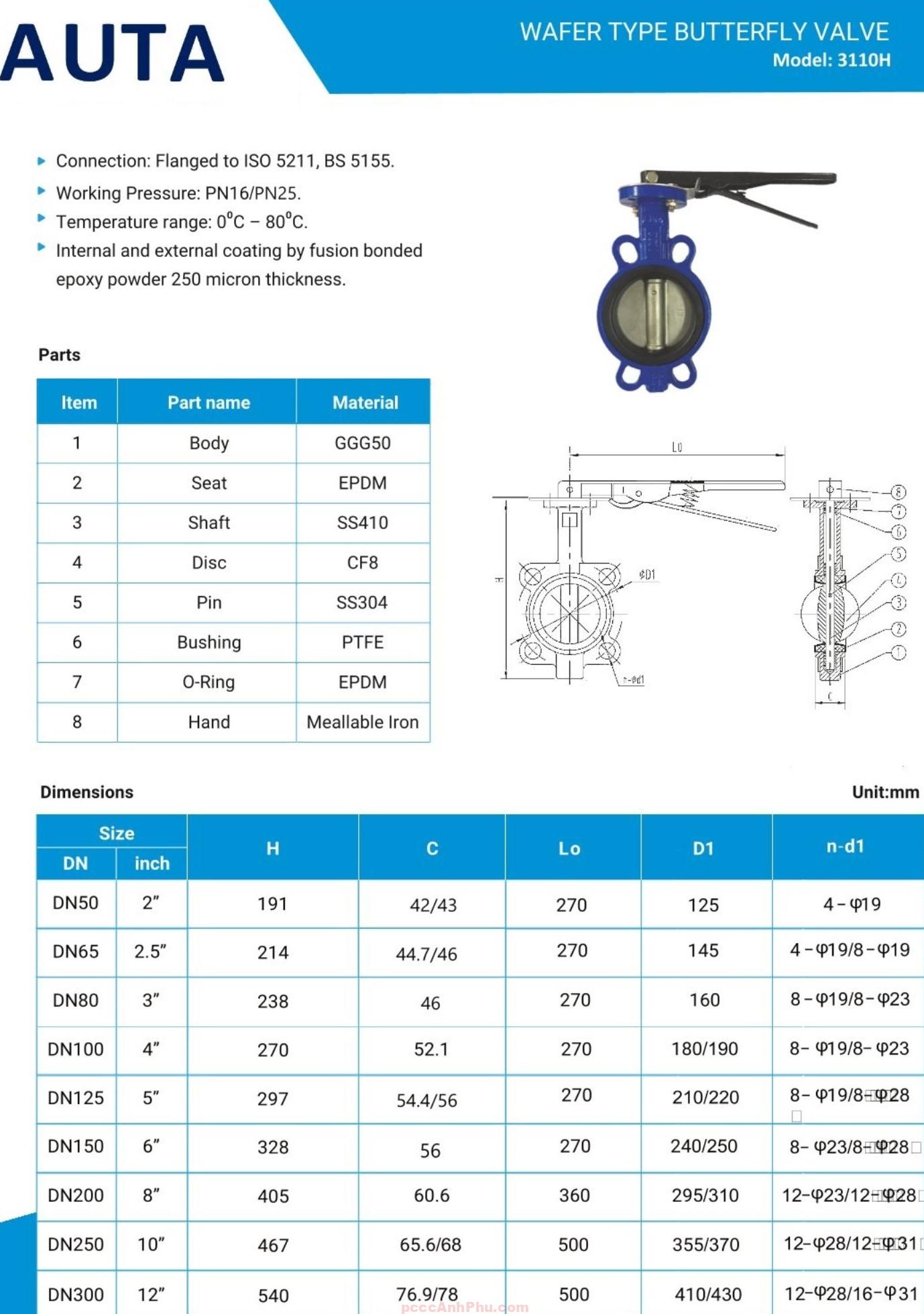 datasheet van bướm AUTA 3110H DN300 Malaysia