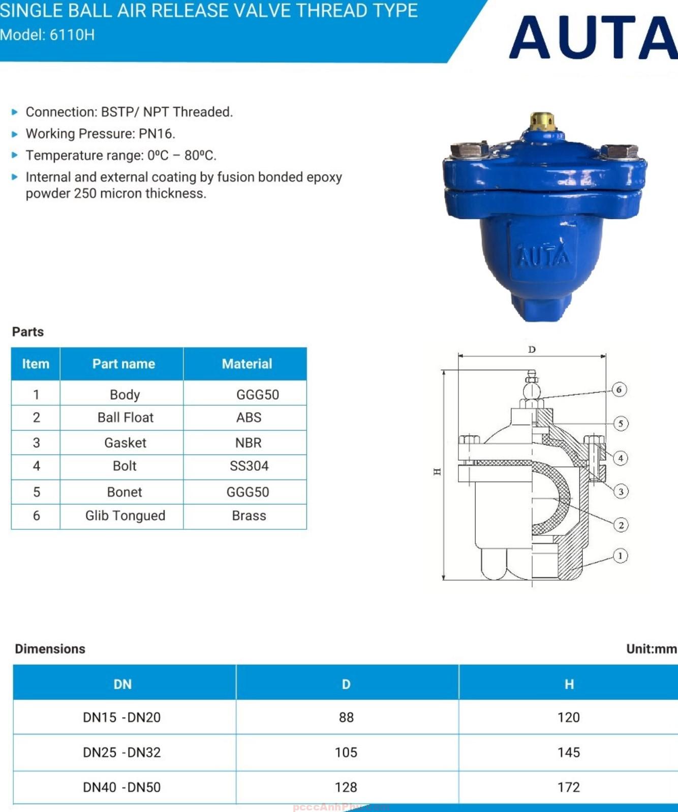 datasheet van xả khí AUTA 6110H DN50 Malaysia