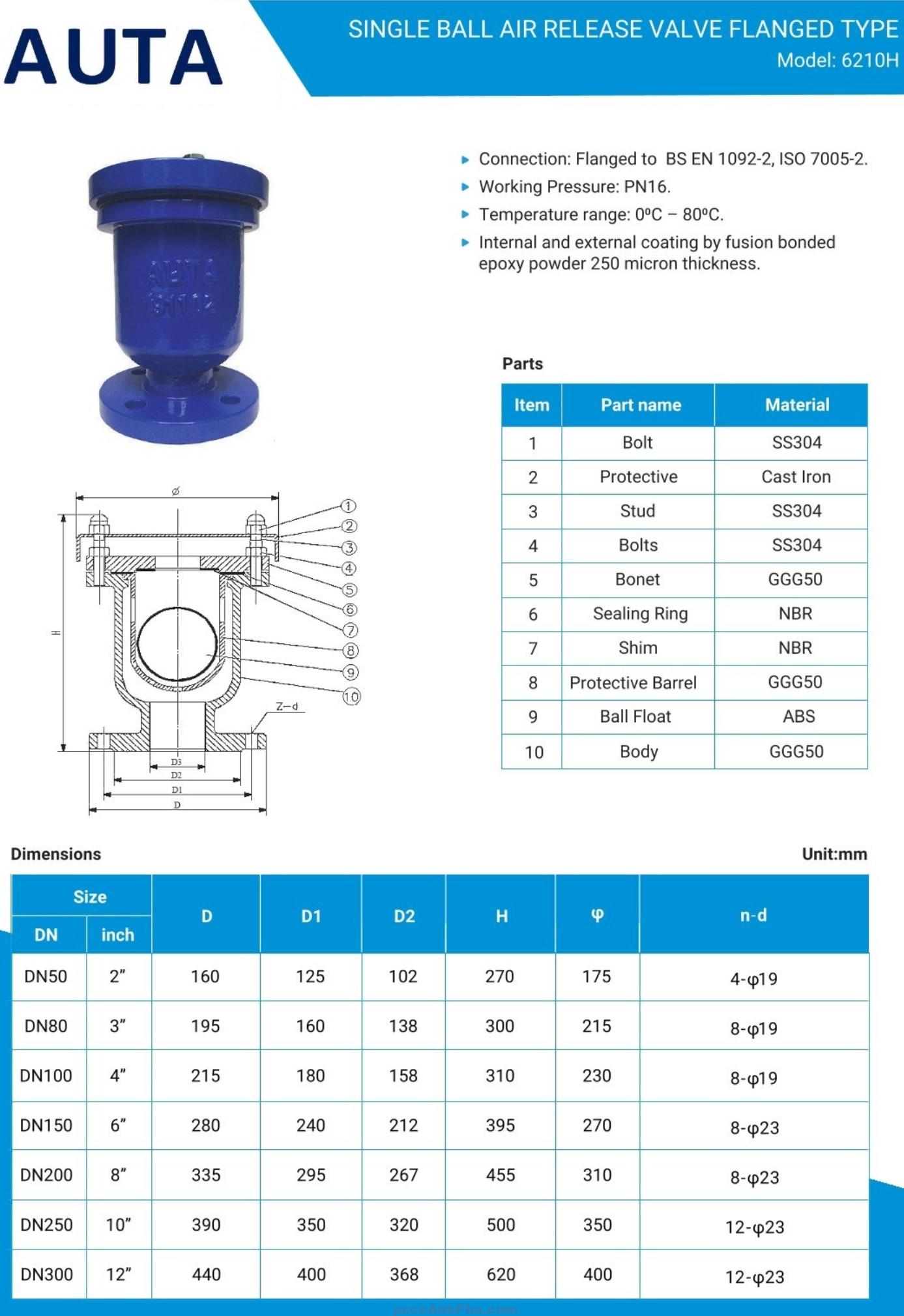 datasheet van xả khí AUTA 6210H DN200 Malaysia