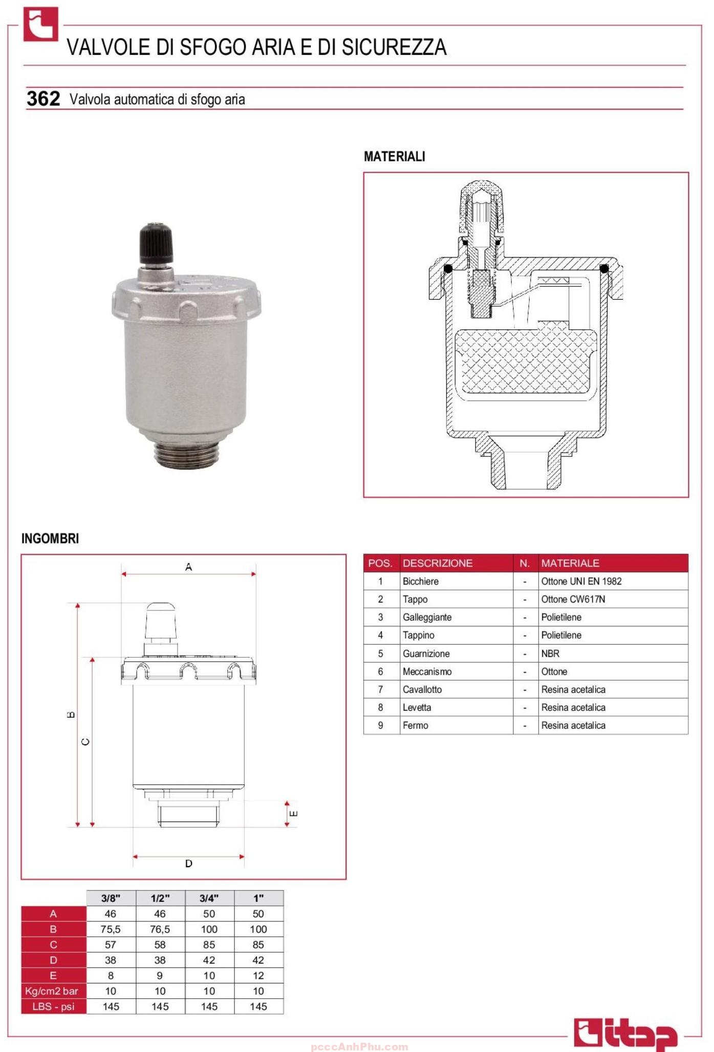 Datasheet van xả khí Itap 362 DN10 Italy