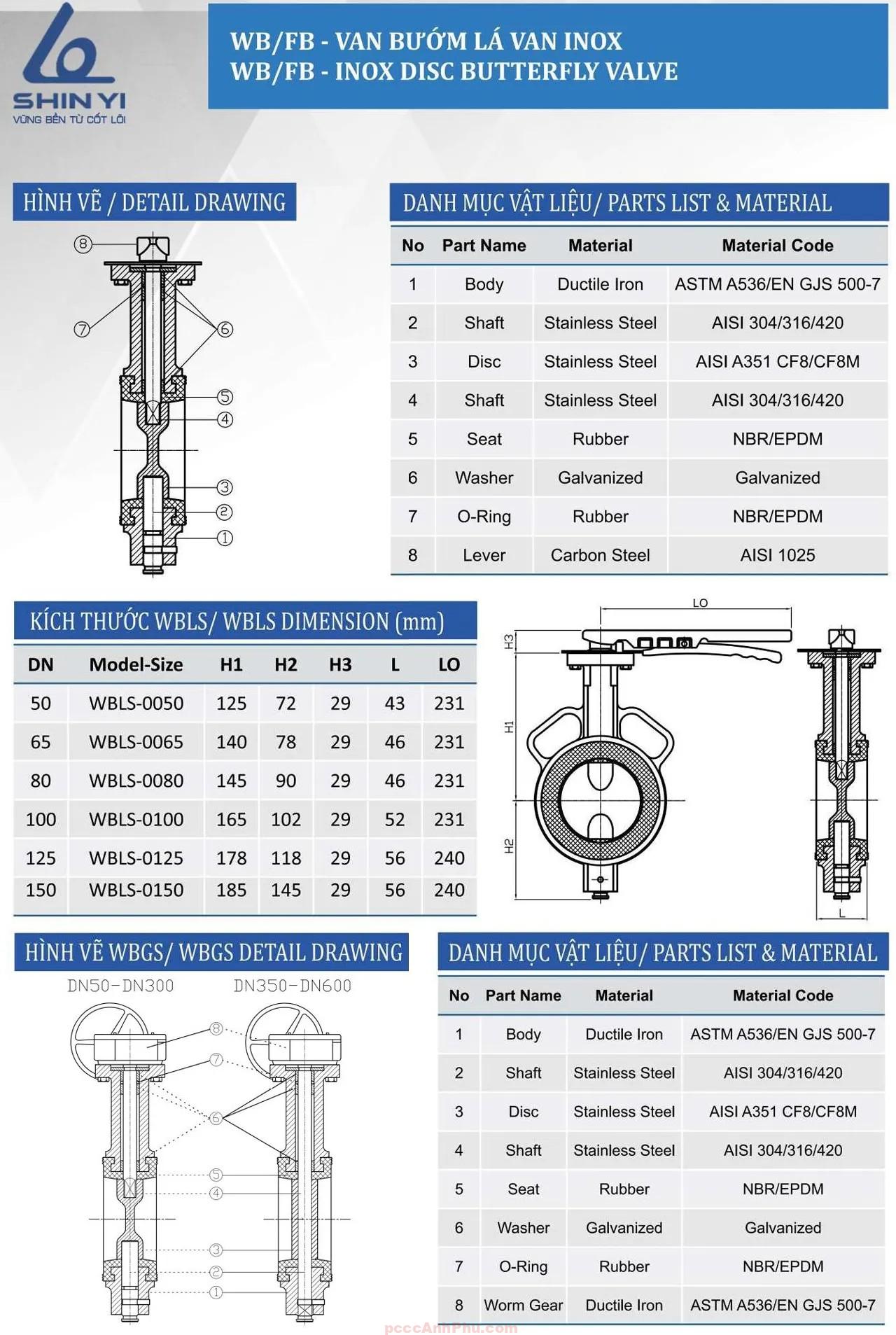 datasheet van bướm tay gạt ShinYi WBLS DN150