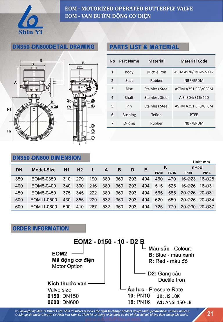 Datasheet van bướm điều khiển điện ShinYi EOM DN450
