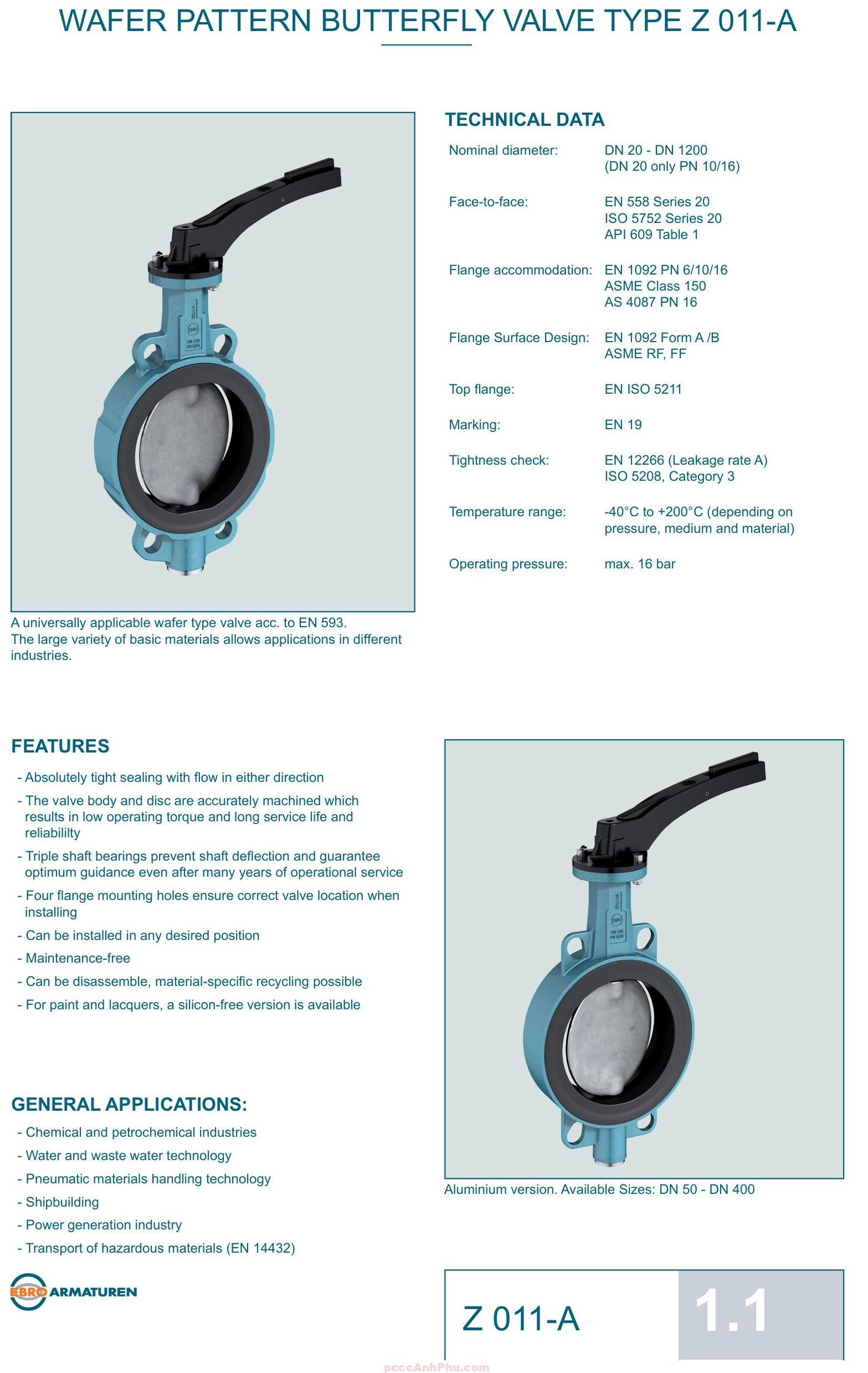 Datasheet van bướm Ebro Z011-A DN500