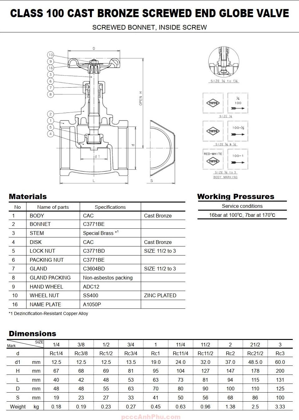 datasheet van cầu đồng ren TOYO 210A DN15