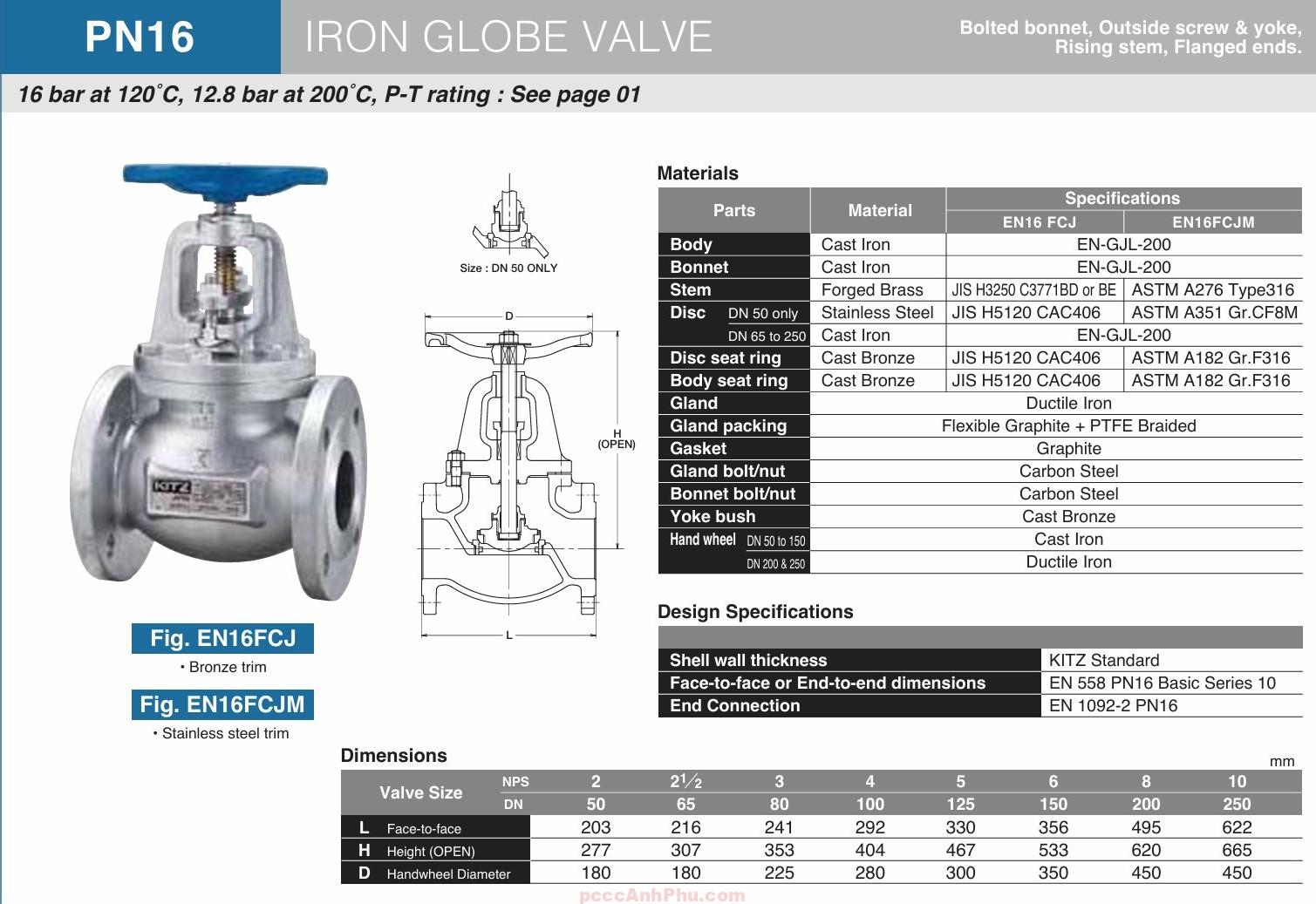 datasheet van cầu hơi Kitz EN16FCJ DN250 Nhật Bản